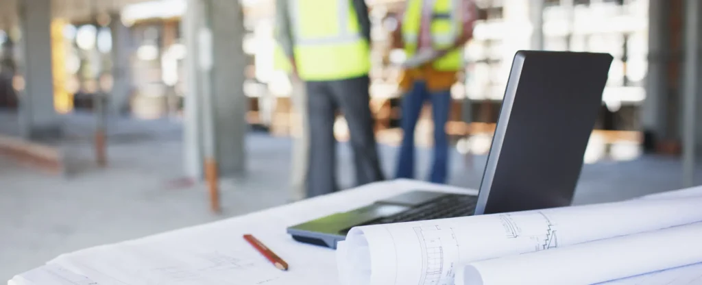 Plans de construction et ordinateur portable sur un chantier avec des travailleurs en arrière-plan