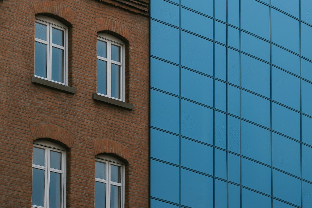 Contraste entre un bâtiment en brique ancien et une façade vitrée moderne illustrant le retrofit.