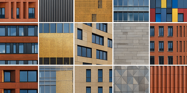Collage de 30 idées de façades modernes : verre, métal, bois, pierre, panneaux colorés et murs végétaux illustrant différentes enveloppes de bâtiment.