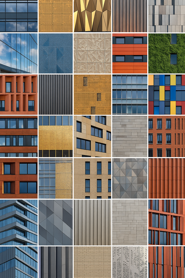Collage de 30 idées de façades modernes : verre, métal, bois, pierre, panneaux colorés et murs végétaux illustrant différentes enveloppes de bâtiment.