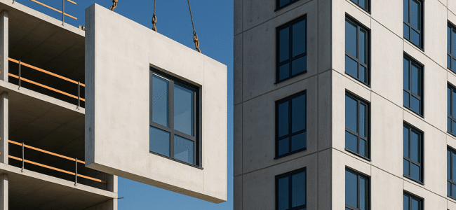 Grue installant un panneau de façade préfabriqué avec fenêtre sur un immeuble en construction dans un environnement urbain moderne, sous un ciel bleu clair.