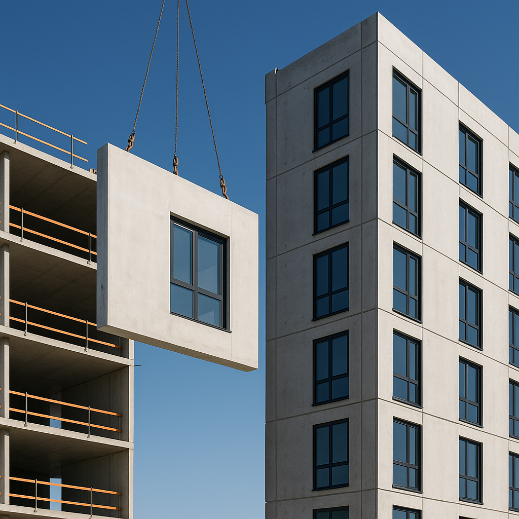 Grue installant un panneau de façade préfabriqué avec fenêtre sur un immeuble en construction dans un environnement urbain moderne, sous un ciel bleu clair.