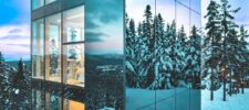 Angle rapproché du chalet Black Mirror avec vitrages pleine hauteur et façade miroir Multifacades STEKAR